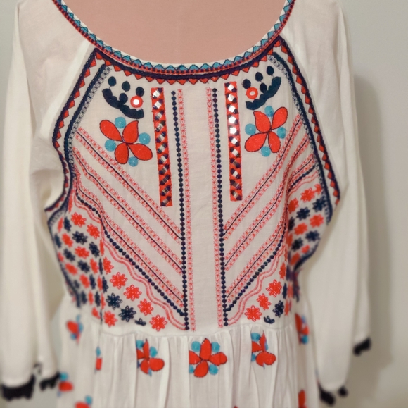 Dolma anthropologie cotton gauze heavy embroidery boho resort pom pom midi dress - Picture 3 of 9